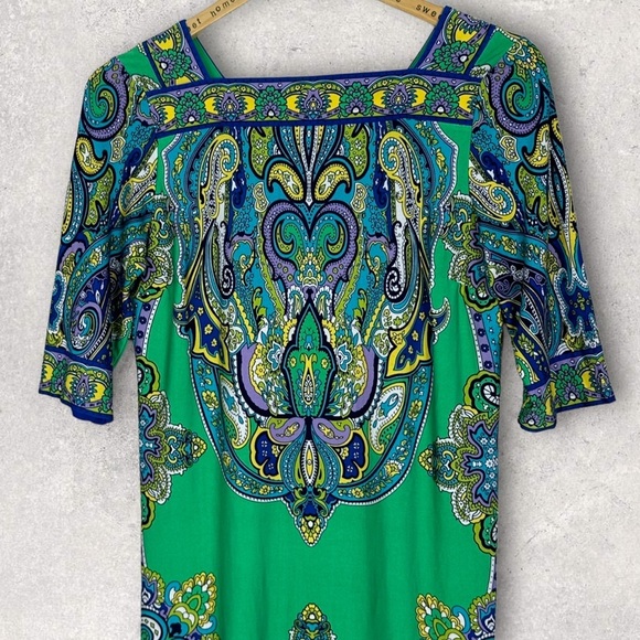 Studio One New York Green‎ Midi Dress Size 6 Stretch Boho Print 3/4 Length Boho - Picture 7 of 11